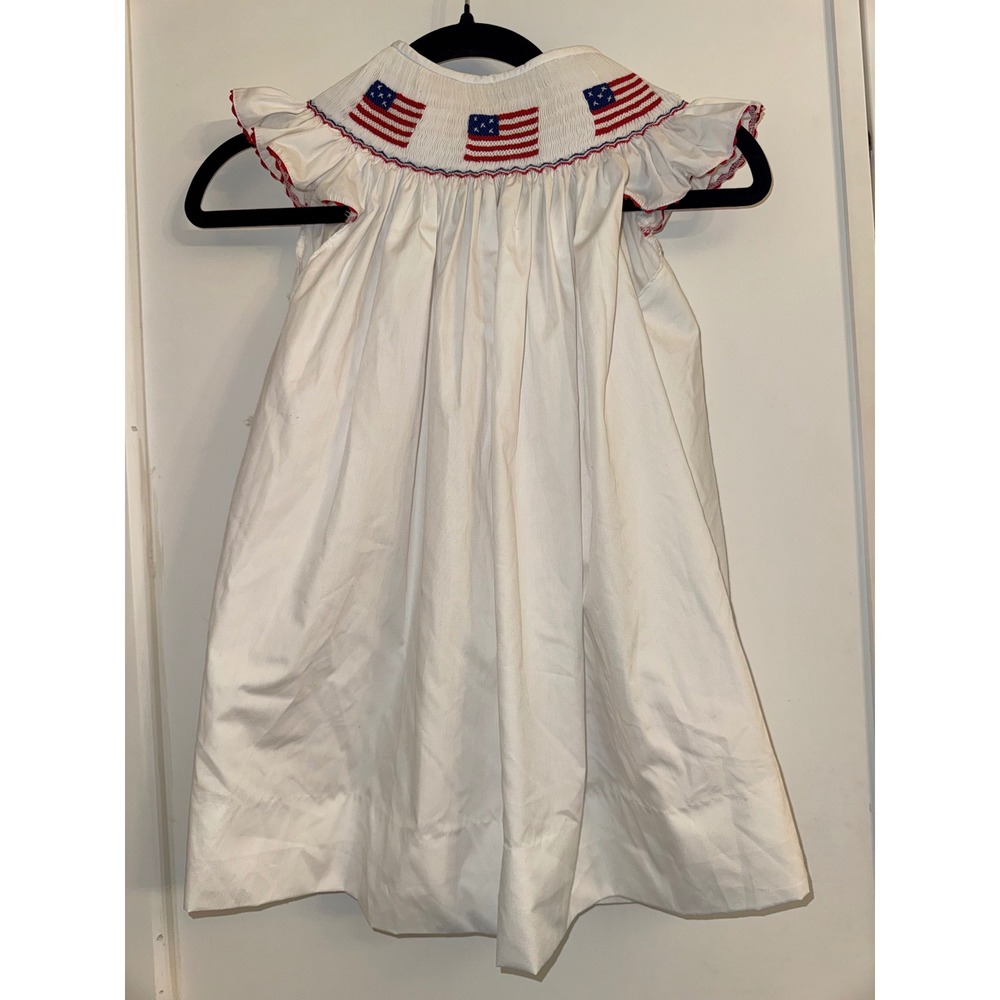 Smock Monkey Girls White Smocked American Flag Bishop Dress Size 6 Patriotic